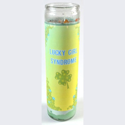 Lucky Girl Syndrome aromatic jar candle with four-leaf clover design and herb mixture decoration.