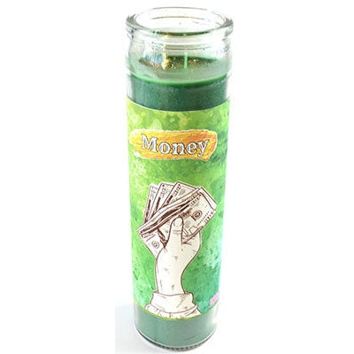 Money aromatic jar candle with green wax, hand-drawn cash illustration, and luxury gold flakes for attracting abundance.