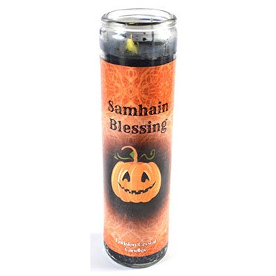 Samhain Blessing aromatic jar candle with pumpkin scent and herb mixture for rituals.