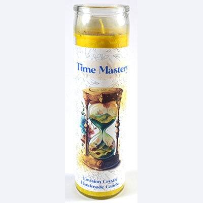Time Mastery aromatic jar candle with hourglass design and vibrant colors, handmade for enhancing time management skills.