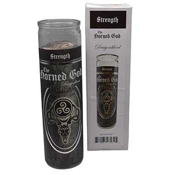 90 hr Horned God Dragonblood jar candle for strength with protective fragrance and spiritual symbolism in a glass jar with box