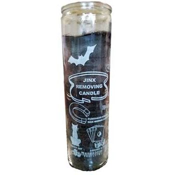 Jinx Removing 7-day jar candle with grey and purple layers in clear glass jar featuring good fortune and protection symbols