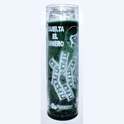 Money Drawing Green jar candle in clear glass with money design.