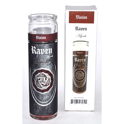90 hr Raven Myrrh jar candle with vision symbolism and protective artwork in boxed packaging