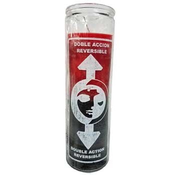 Reversing 7 Day jar candle with red and black layers in clear glass jar featuring double action reversible design for spiritual protection and energy work