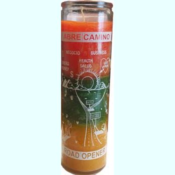 Road Opener 7 day jar candle with tri-color wax and white graphics for spiritual intention and obstacle clearing