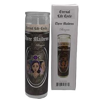 Three Maidens Benzoin jar candle with Eternal Life Cycle artwork, 90-hour burn time, and boxed packaging