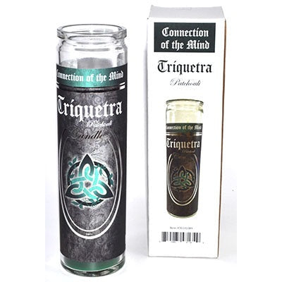 90 hr Triquetra patchouli jar candle with Celtic knot design and protective symbolism in glass jar with box