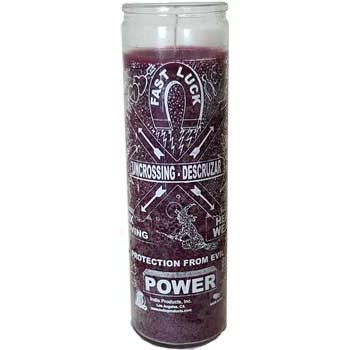 Purple Uncrossing 7-day jar candle with protective and blessing symbols for spiritual use