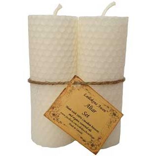 Pair of 4 1/4 inch white Lailokens Awen pillar candles for altar use with spiritual anointing oil