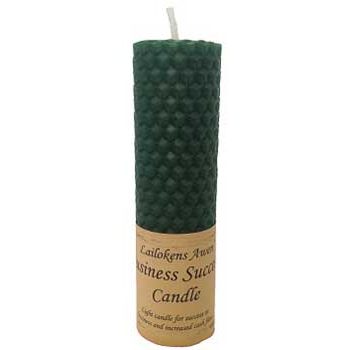 4 1/4 inch dark green beeswax candle for business success with organic essential oils and hand-rolled honeycomb texture