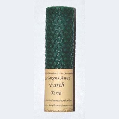 4 1/4 inch dark green Earth Lailokens Awen beeswax candle for elemental earth rituals and spiritual energy work