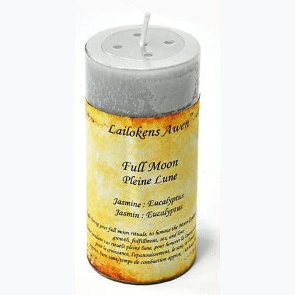 4" Full Moon scented Lailokens Awen candle with jasmine and eucalyptus fragrance for spiritual rituals and moon honoring