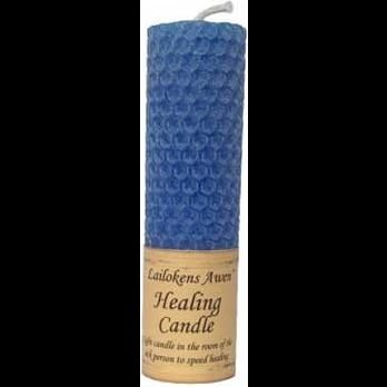 4 1/4" Healing Lailokens Awen candle, blue, with textured design, made in Canada for metaphysical use.