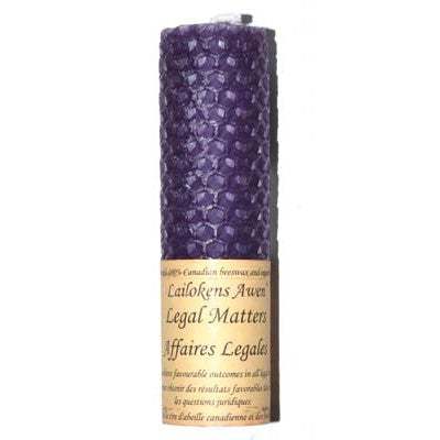 Legal Matters candle by Lailokens Awen: a 4 1/4 inch purple beeswax candle for legal matters with Lailokens Awen label