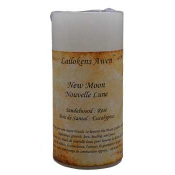 4-inch New Moon scented Lailokens Awen candle with sandalwood and rose fragrance for spiritual rituals and healing