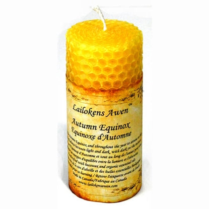 4-inch gold beeswax pillar candle anointed with Autumn Equinox oil for spiritual balance and energy work