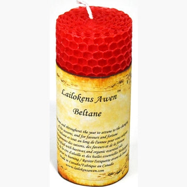 4" red beeswax pillar Beltane Sabbat Lailokens Awen candle with anointed oil for spiritual rituals and seasonal attunement