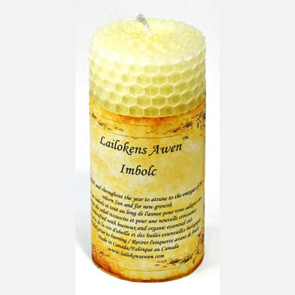 4-inch white beeswax Imbolc Sabbat Lailokens Awen candle with honeycomb texture and spiritual anointing label