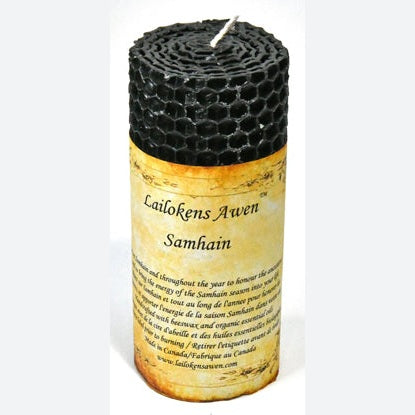4-inch black beeswax Samhain Sabbat Lailokens Awen pillar candle with label and textured honeycomb top.