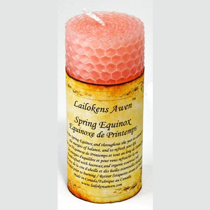 4-inch pink beeswax pillar candle anointed with Spring Equinox oil for spiritual balance and energy rituals