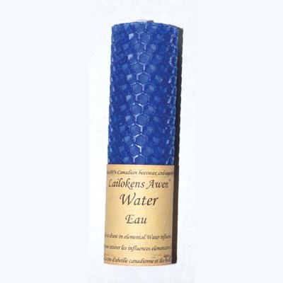 4 1/4" blue rolled beeswax Water Lailokens Awen candle with organic essential oils for spiritual and metaphysical use