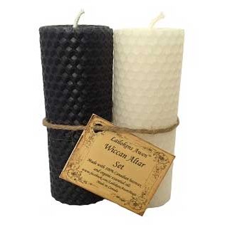 4 1/4" Wiccan altar set with black and white pillar candles by Lailokens Awen, anointed with magical oil.