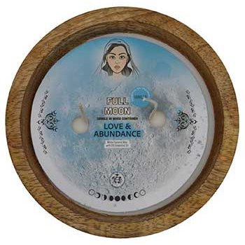 18 hr Full Moon Love & Abundance two wick candle in wooden container with vanilla scent and white coconut wax