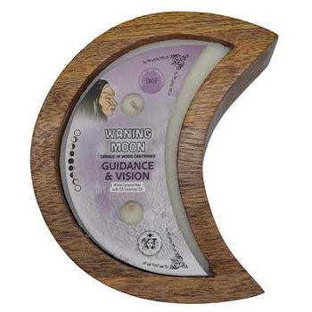 12 hr Waning Moon Guidance & Vision candle in wooden container with two wicks, made with white coconut wax and sage scent.