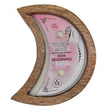 12 hr Waxing Moon New Beginning two-wick candle in wooden container with white coconut wax and white hyacinth scent