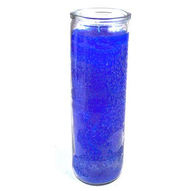 Blue 7-day jar candle in tall glass container for spiritual and meditation use
