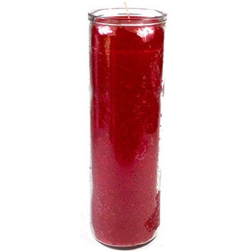 Red 7-day jar candle in a tall glass container for spiritual use and energy work.