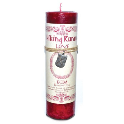 Love pillar candle with Geba Rune pendant, Viking Runes design.