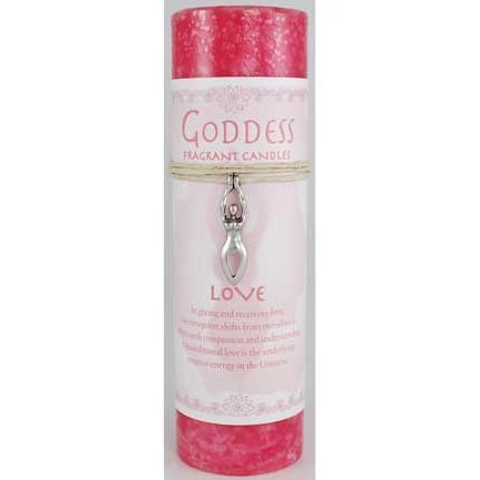 Love Pillar Candle with Goddess Necklace in pink for altars, handmade in the USA.