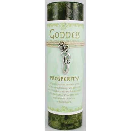 Prosperity Pillar Candle with Goddess Necklace for wealth rituals.