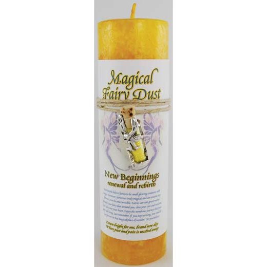 Yellow New Beginnings pillar candle with fairy dust necklace for renewal and rebirth rituals
