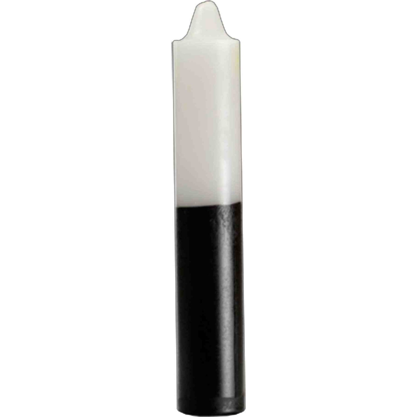 9-inch white and black pillar candle for reversing candle magic and rituals.
