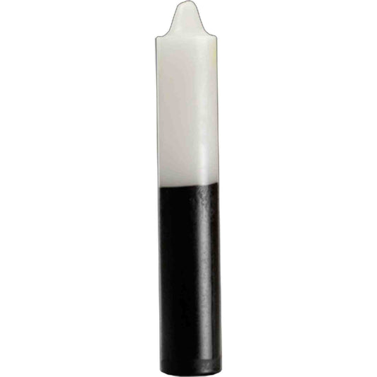 9-inch white and black pillar candle for reversing candle magic and rituals.