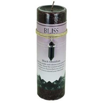 Bliss pillar candle with Black Obsidian pendant, handmade in the USA.