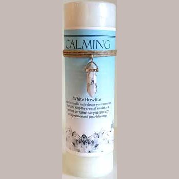 Calming pillar candle with White Howlite pendant for tranquility and intention setting.