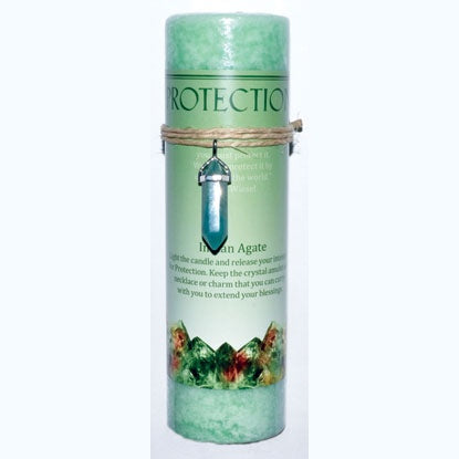 Protection pillar candle with Indian Agate pendant for spiritual use and energy work.