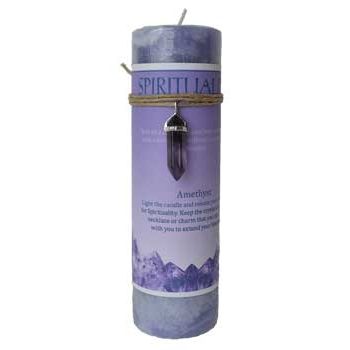 Spirituality pillar candle with Amethyst pendant, handmade in the USA, 6 1/4" x 2".