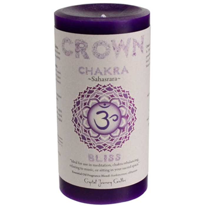 Purple Crown Chakra pillar candle 3-inch by 6-inch with removable informative label for meditation and energy work.