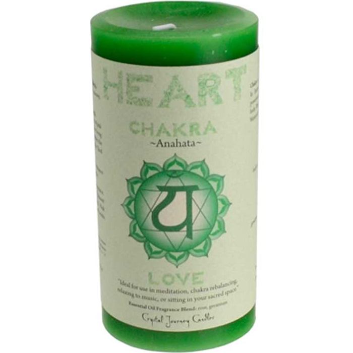 Green Heart Chakra pillar candle 3 by 6 inches with removable spiritual label for meditation and energy work