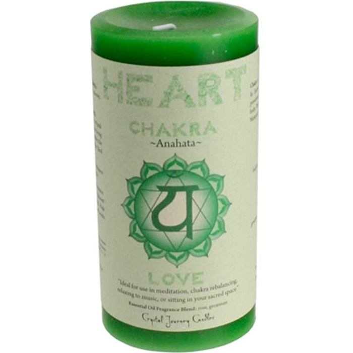 Heart Chakra pillar candle 3" x 6" with removable label and vibrant colors for energy work and meditation.