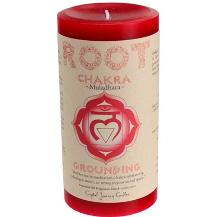 Red Root Chakra pillar candle 3-inch by 6-inch with grounding energy and removable informative label