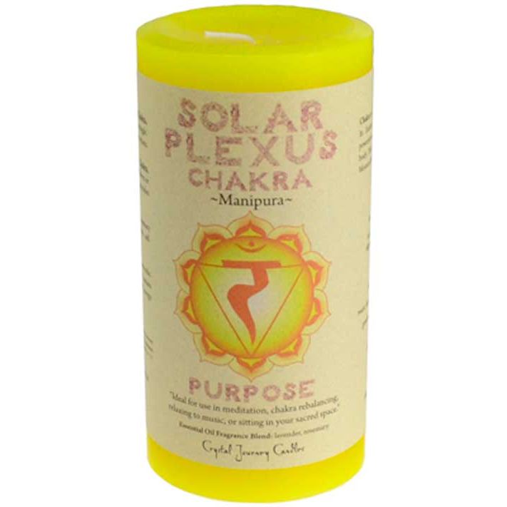 Solar Plexus Chakra pillar candle 3" x 6" with vibrant color and informative label.