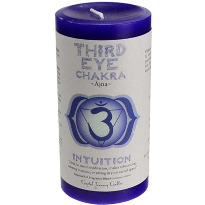 Blue Third Eye Chakra pillar candle 3-inch with removable label for meditation and spiritual energy alignment