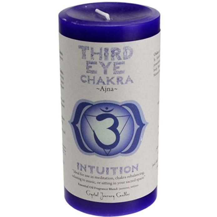 Third Eye Chakra pillar candle 3-inch vibrant blue with removable label for meditation and energy work