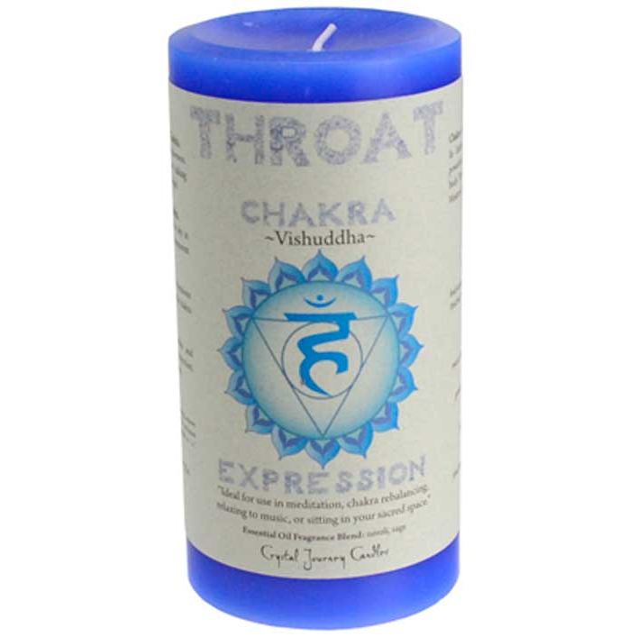 Blue Throat Chakra pillar candle 3" with removable informational label and chakra symbol